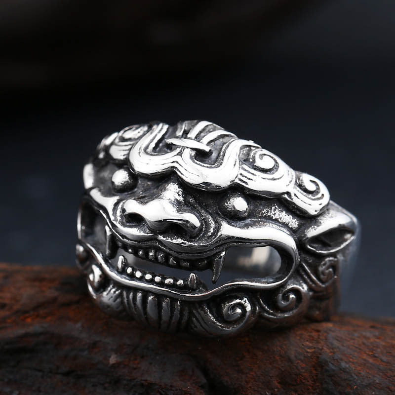 Men Stainless Steel Beast Kirin Ring Quality Ethnic Design Mythical Creature Fashion Statement Jewelry For Men