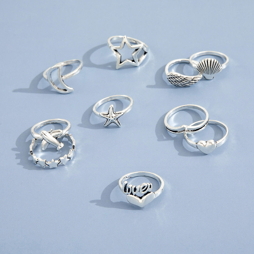 Womens Ring Set Retro Love Star Moon Plane Starfish Shell Designs Alloy Jewelry For Women Fashionable European Style