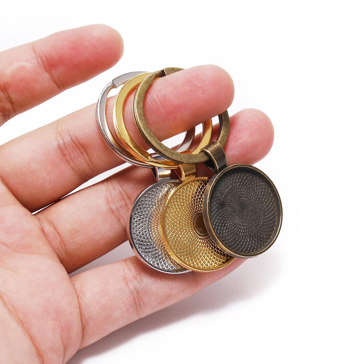 Metal Key Ring Pendants 5 Piece Pack Nickel Free Keychains Southeast Asian Decor Charms Embossed White K Antique