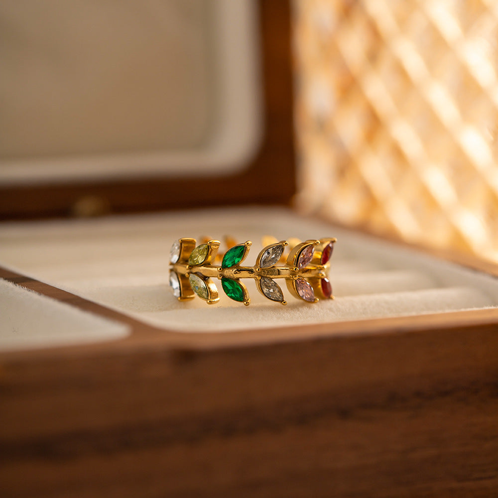 Zircon Leaf Open Ring Adjustable Stainless Steel Jewelry