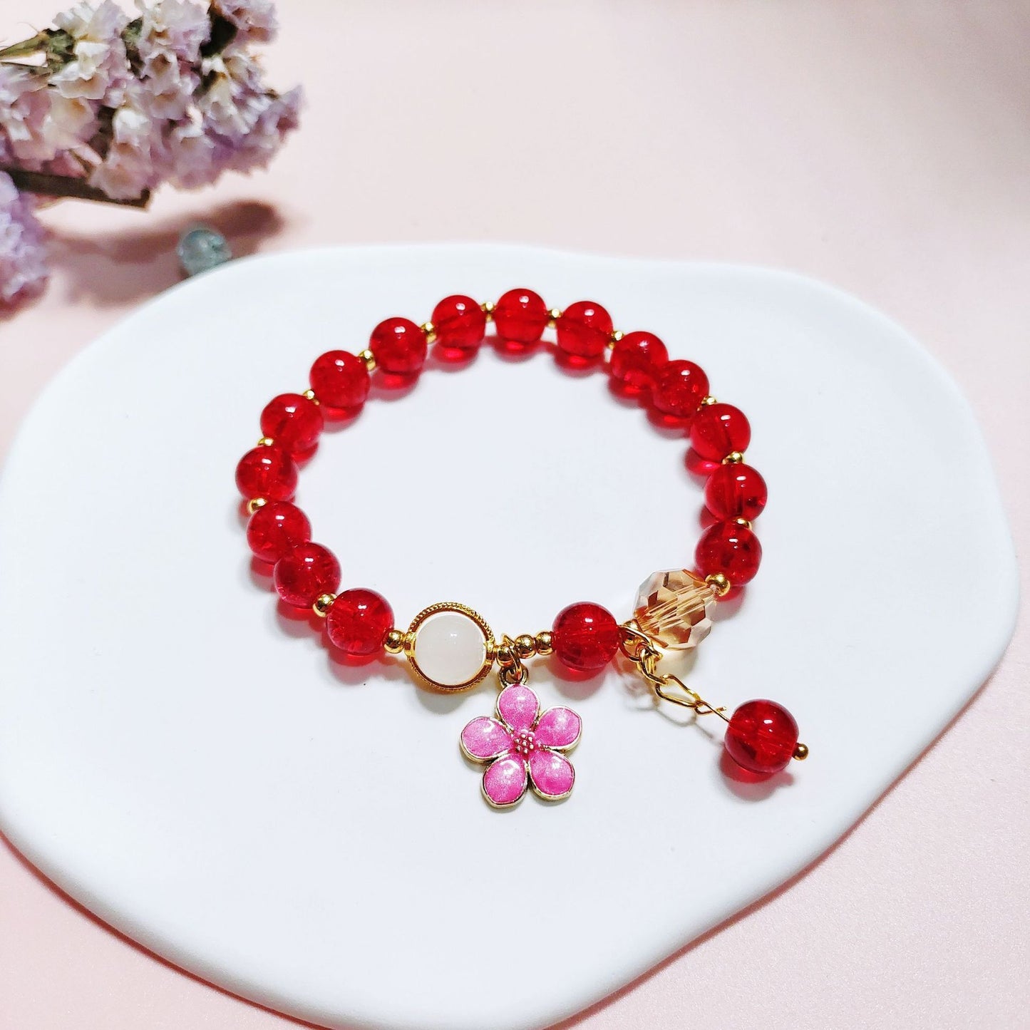 Unisex Glass Flower Bracelet With Tassel Beaded Accent Floral Design Cute Fun Jewelry Travel Keepsake For Everyday Use