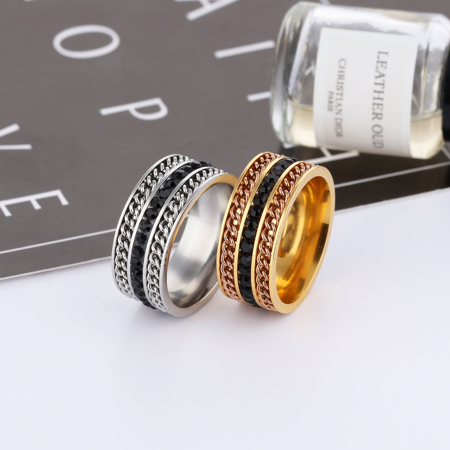 Three Row Wide Cable Chain Black Diamond Ring For Men Titanium Steel With Gem Inlays Elegant Modern Design Art