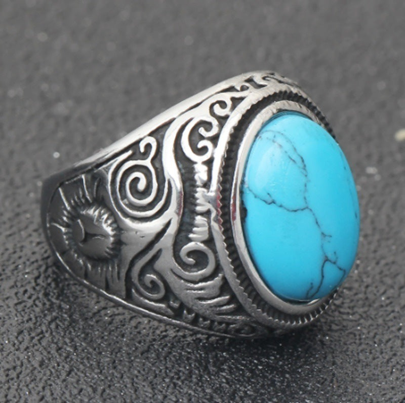 Unisex Alloy Carved Ring Turquoise Inlay Electroplated Band Punk Trend Statement Ring Gift For Women Style Pro