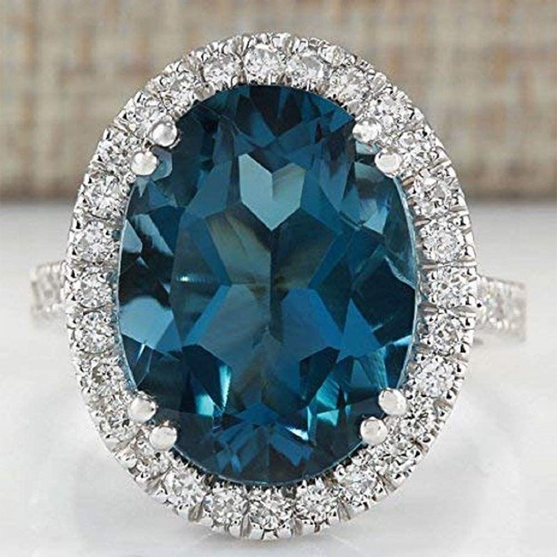 Womens Elegant Egg Shape Peacock Blue Zircon Ring Gold Plated Copper Fashion Jewelry Statement Accessory Gift For Her