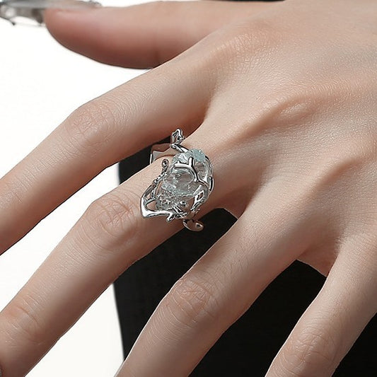 Geometric Alloy Ring with Ice Blue Transparent Natural Stone Electroplated Silver Ring Fashion Jewelry Gift for Women and Girls Party Prom