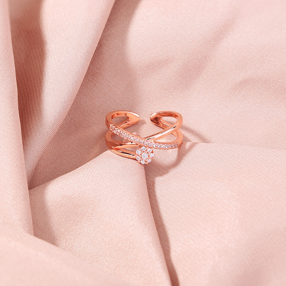 Adjustable Open Zircon Cross Flower Ring Copper Plated