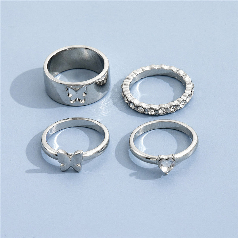 Four Piece Ring Set Alloy Rings With Butterfly Rhinestones And Love Joint Design Elegant Fashion Jewelry Women