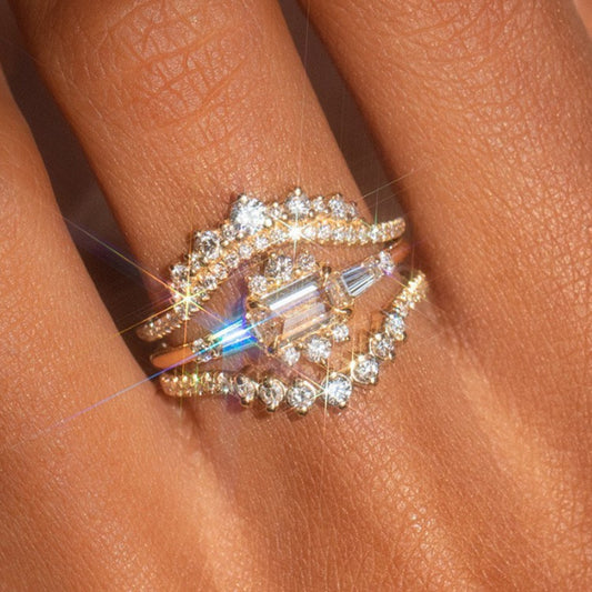 Unisex Gold Plated Geometric Ring Set With Zircon Stones Three Piece Jewelry For Women And Men Exquisite Shine