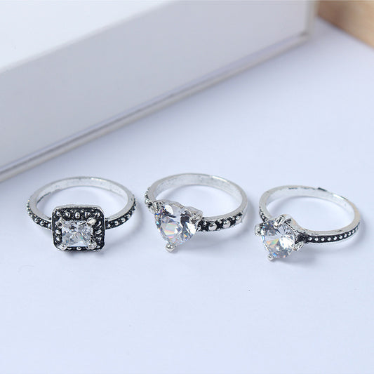Heart Shaped Ring Set Retro Fashion Love Ring With Diamond Ancient Silver Finish Alloy Ring For Women For Ring