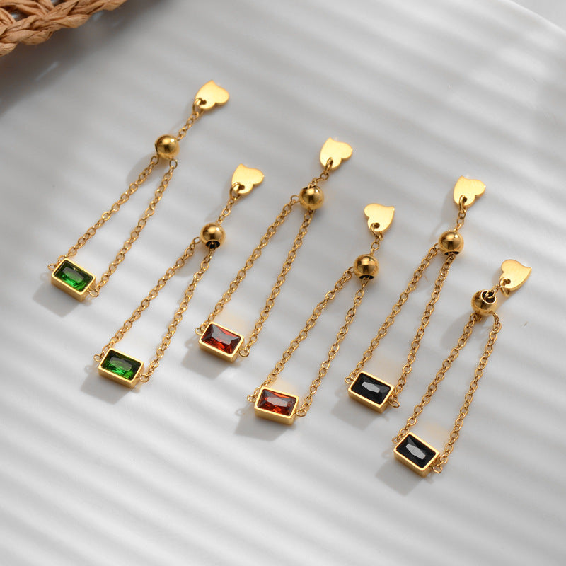 Womens Adjustable Chain Ring with Inlaid Zircon Square Diamond Red Black Titanium Steel Jewelry Bead 4mm Size