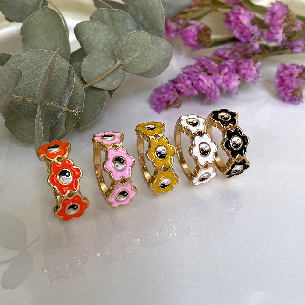 Womens Alloy Ring Drip Oil Color Flower Design Bagua Style Elegant Floral Ring For Women Fashion Jewelry Trend