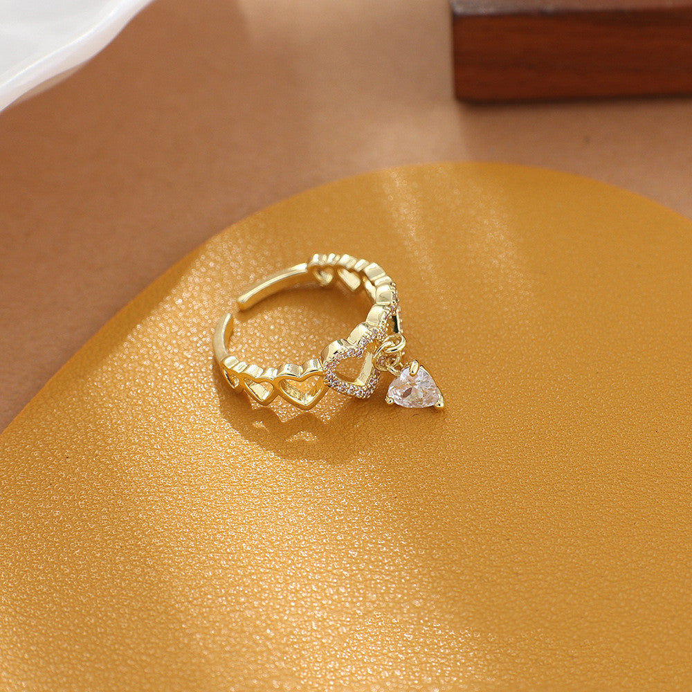 Womens Copper Ring Geometric Love Heart Zircon Electroplated Korean Style Jewelry Gift For Festivals And Gifting