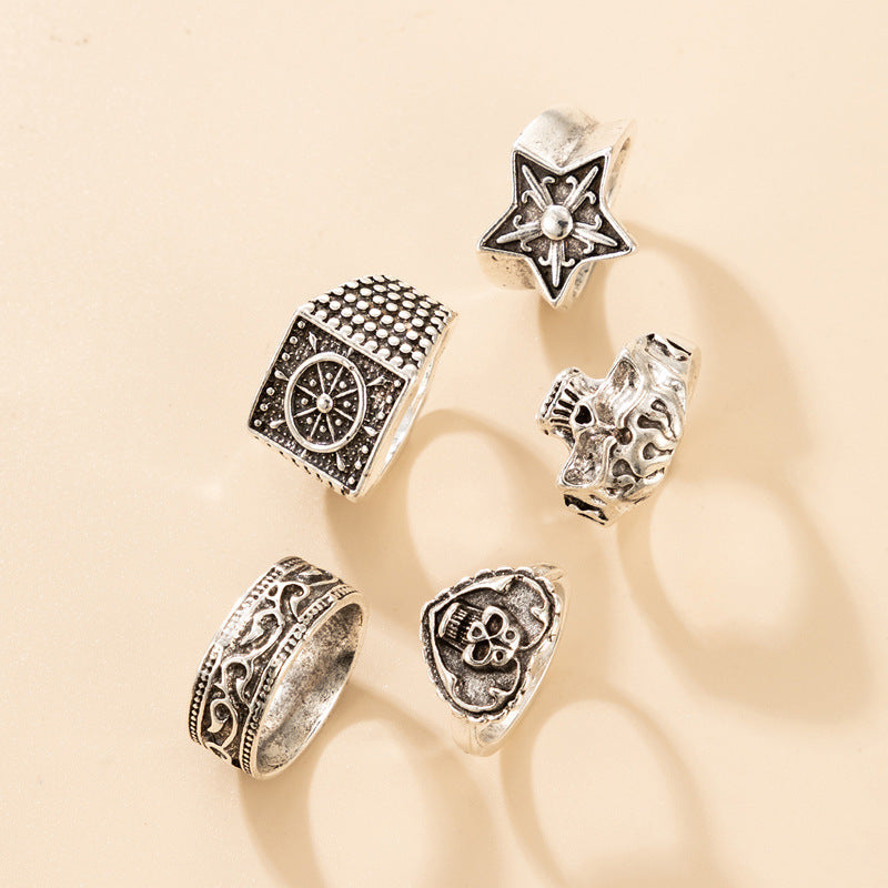 Unisex Metal Alloy Ring Set Five Piece With Bohemian Ethnic Skull Star And Geometric Designs Boho Elements Art