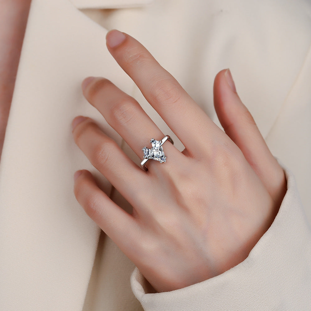 Womens Adjustable Ring Heart Square Inlaid White Gold Copper Jewelry Elegant Fashion Accessory Minimalist Look