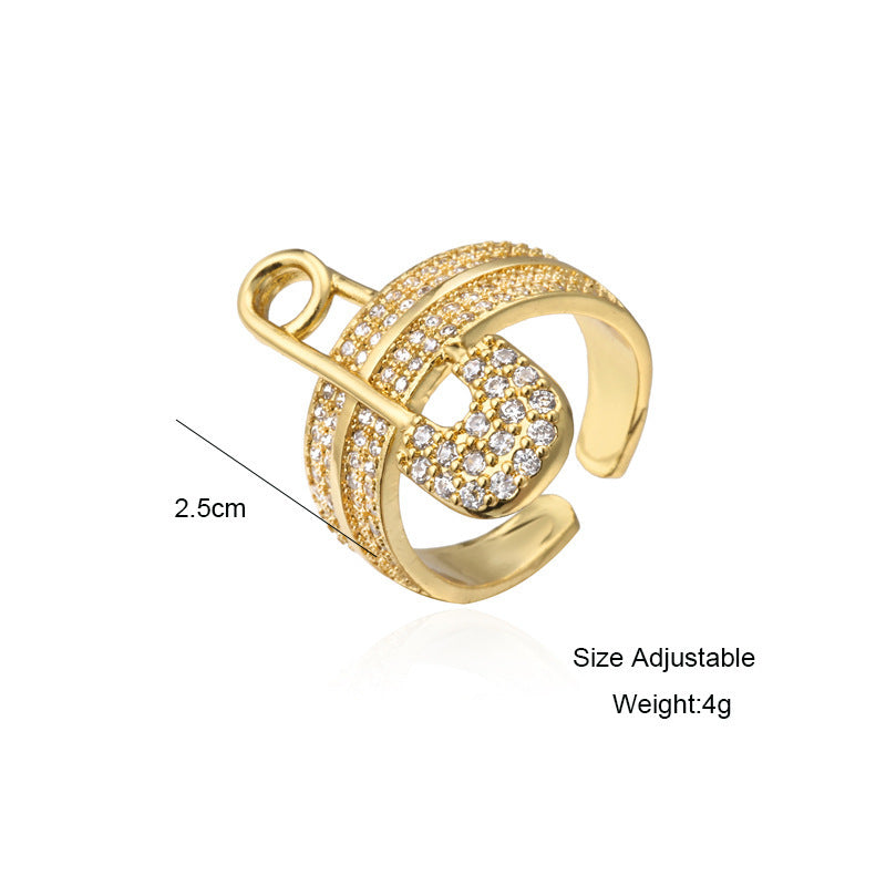 New European And American Zircon Paper Clip Geometric Ring Copper Adjustable Opening Women European Adjustable