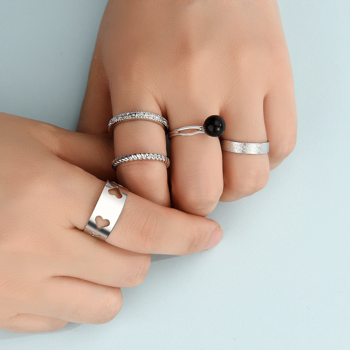 Womens Hollow Heart Ring Set Silver Tone Geometric Design Stackable Alloy Rings Chic Everyday Accessory Timely