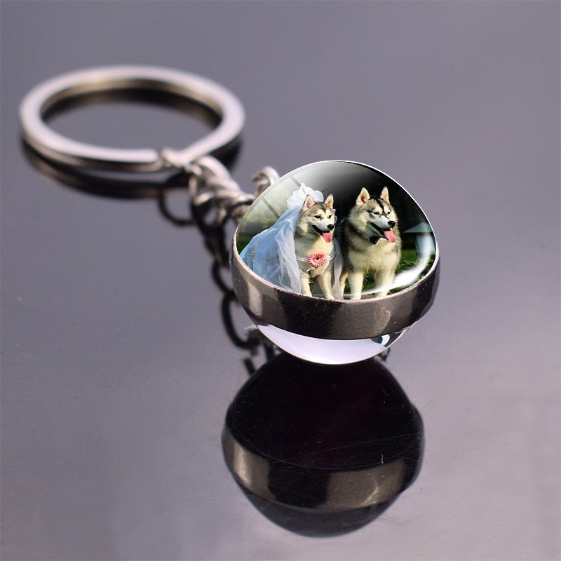 Animal Glass Ball Keychain Alloy Key Ring Luminous Pendant Round Design Gift For Women And Girls Elegant Accessory Gift