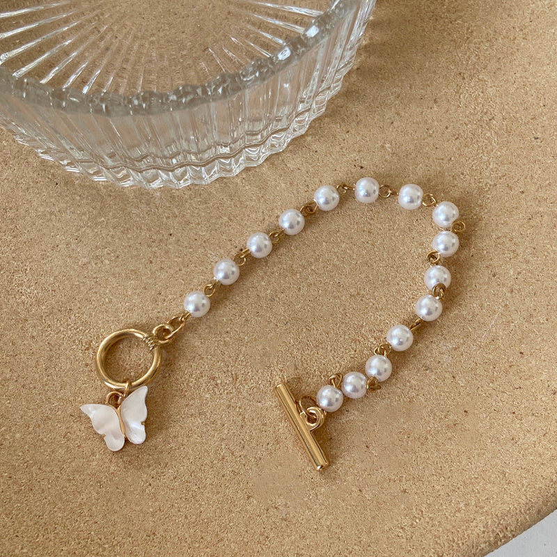 Gold Pearl Butterfly Bangle With Love Charms Bracelet