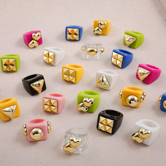 Womens Geometric Resin Ring Trendy Chamfering Square Pattern Cold Wind Ring Fashion Jewelry Average Size Stylish