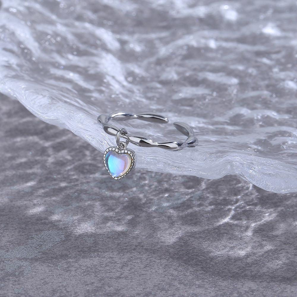 Women's Heart Ring Moonstone Zircon Adjustable Copper Band