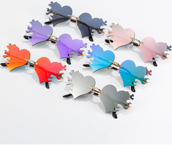 Metal Frame Sunglasses With HD Lenses Eye Protection Heart Fire Design Universal Fit For Women And Men All Day