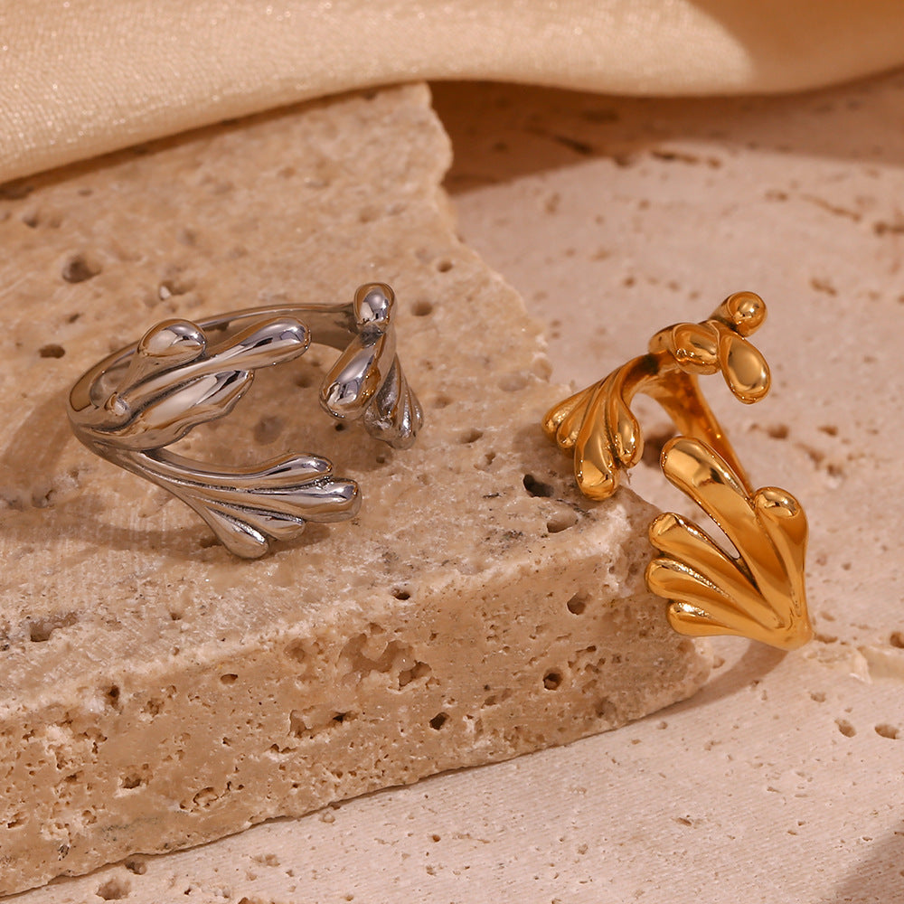 Stainless Steel Ring 18K Gold Plated Open Wave Flower Design Waterproof Anti Rust Anti Allergy Women's Ring Gift for Her