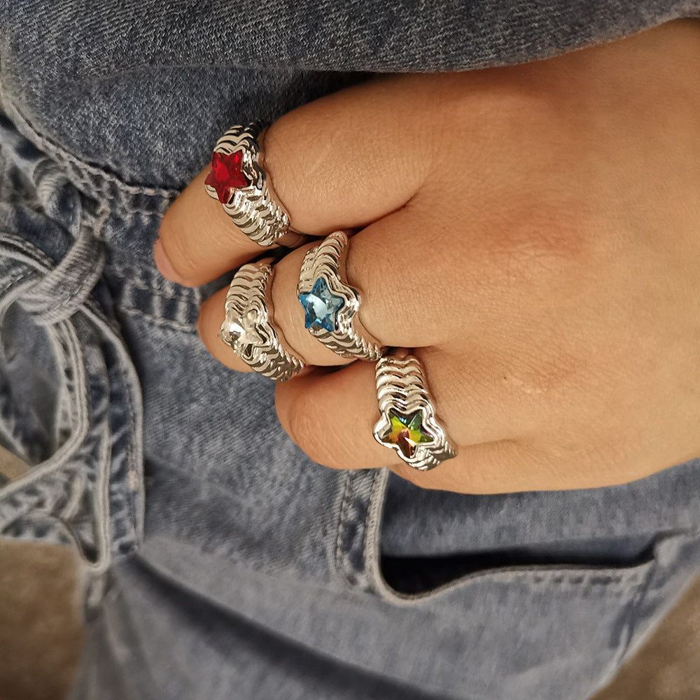 Womens Geometric Star Ring Alloy Metal Fashion Ring Retro Inlaid Star Design Electroplated Cold Wind Ring Ring