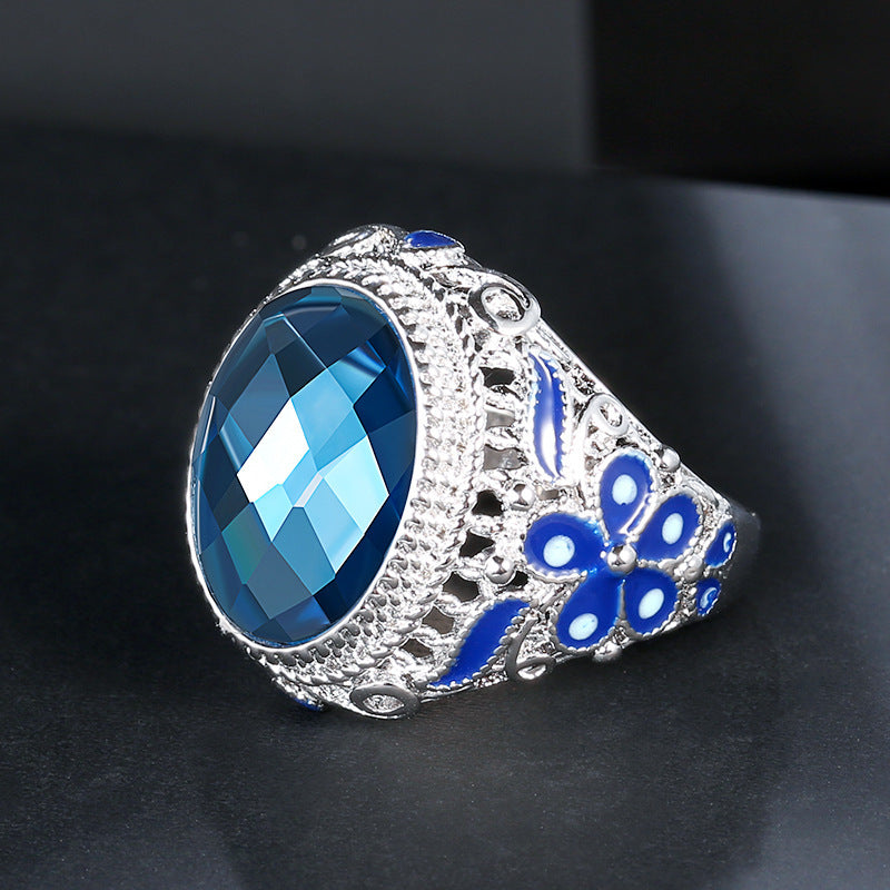 Womens Retro Emerald Agate Ring Silver Plated Copper Inlaid Colorful Flowers Gemstone Jewelry Size 7 8 9 Color