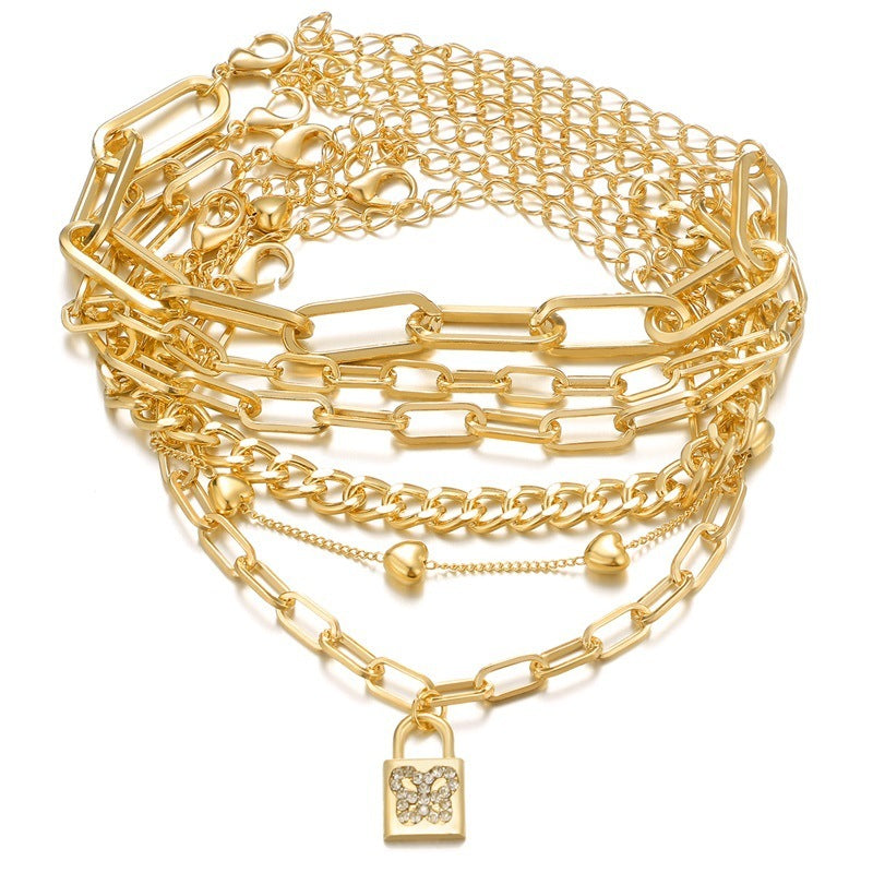 Heart Chain Bracelet With Butterfly Lock Charm Plated Geometric Design European Jewelry Artificial Gems Sparkling