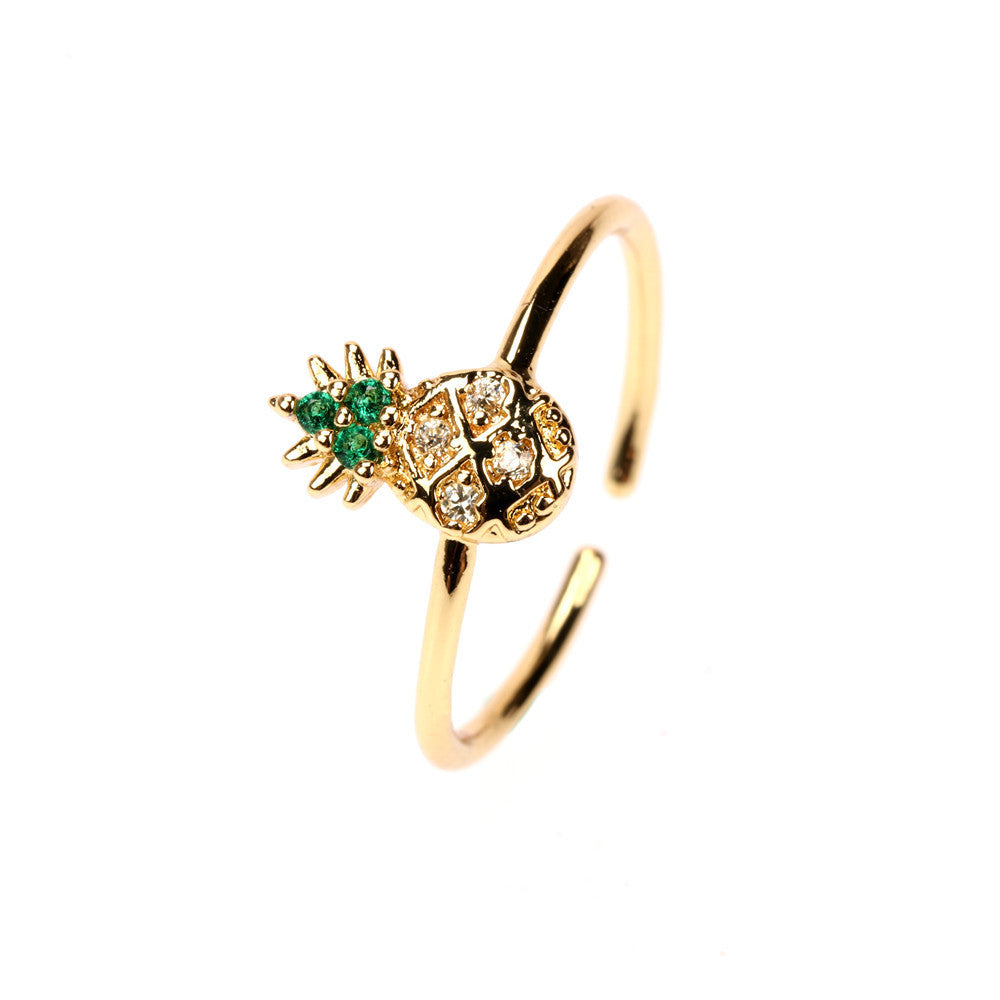 Fruit Zircon Copper Ring for Women Cute Design with Apple Watermelon Cherry Strawberry Grape Pineapple Peach Pine