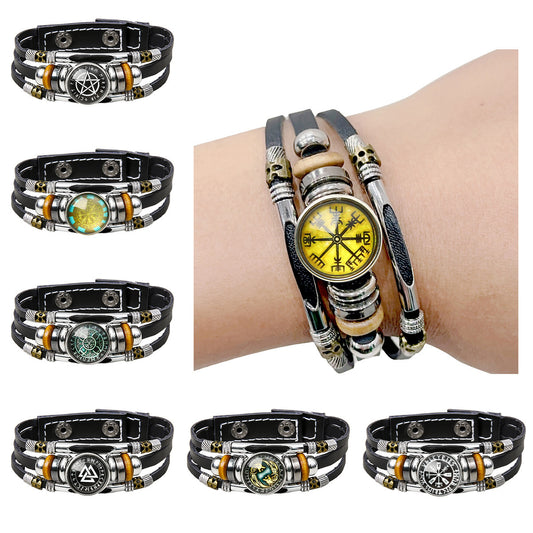 Mens Viking Compass Bracelet Multi Layered Leather Bracelet With Stainless Steel Titanium Steel Accents High Quality