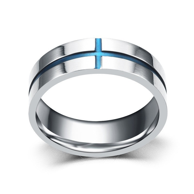 Mens Stainless Steel Ring Personalized Cross Ring Blue Religious Band Jewelry Gift For Him Boyfriend Husbandus