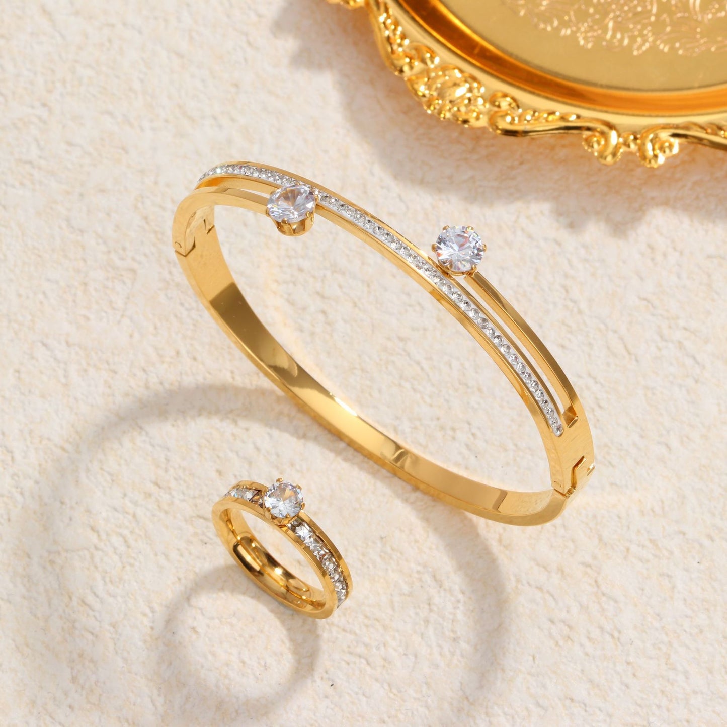 Unisex Titanium Steel Bracelet and Ring Set Diamond Accents Gift for Women and Men for Everyday Style Wearable