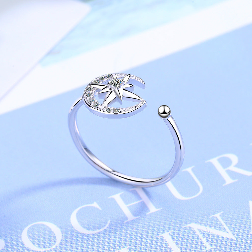 Womens Adjustable Star and Moon Ring Platinum Plated Zircon Jewellery Japanese and Korean Fashion Gift for Her