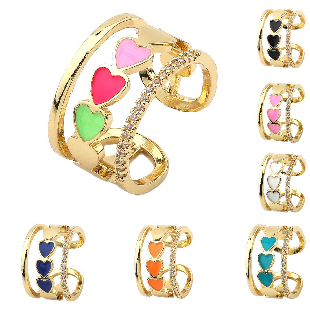 Heart Shaped Zircon Inlaid Copper Ring With Dripping Oil Design Elegant Fashion Jewelry Gift For Her Durable Quality