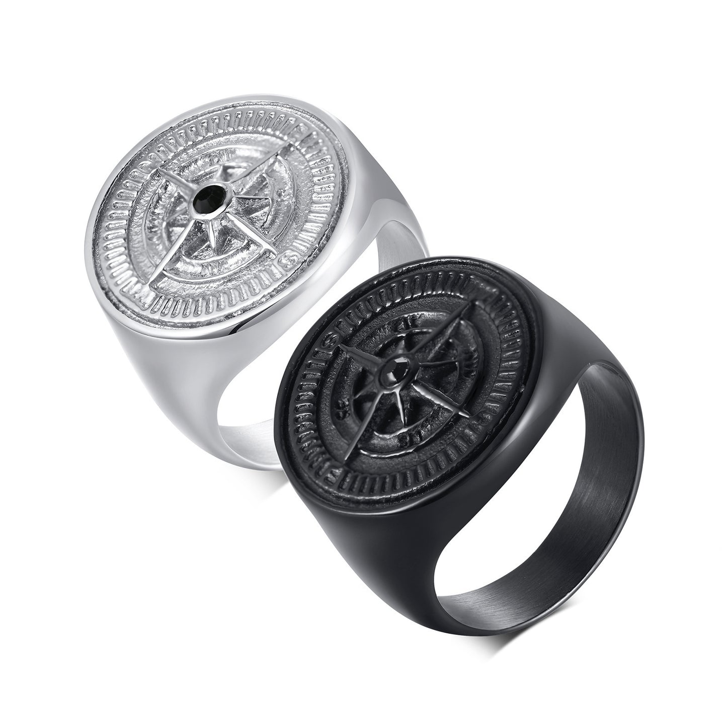 Stainless Steel Compass Ring Black Round Mens Fashion Accessory Durable Lightweight Gift Idea for Him Everyday