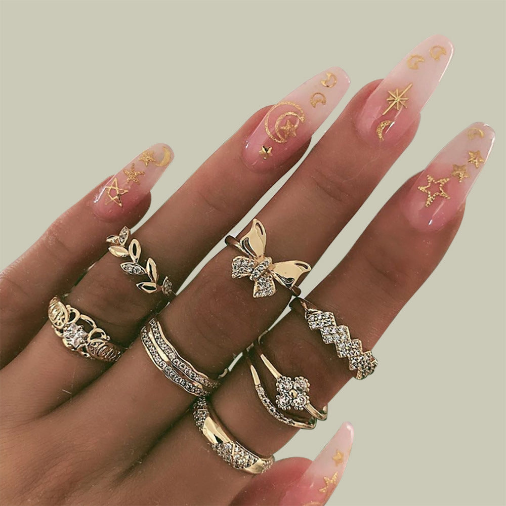 Unisex Fashion Rings Set Retro Portrait Gold Coin Cross Butterfly Pattern Alloy Jewelry Collection Pack Travel