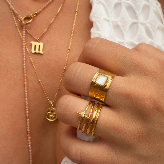 Women Fashion Retro Stainless Steel Inlaid Fritillary Ring Adjustable Split Band Elegant Flower Motif Jewelry Gift Idea