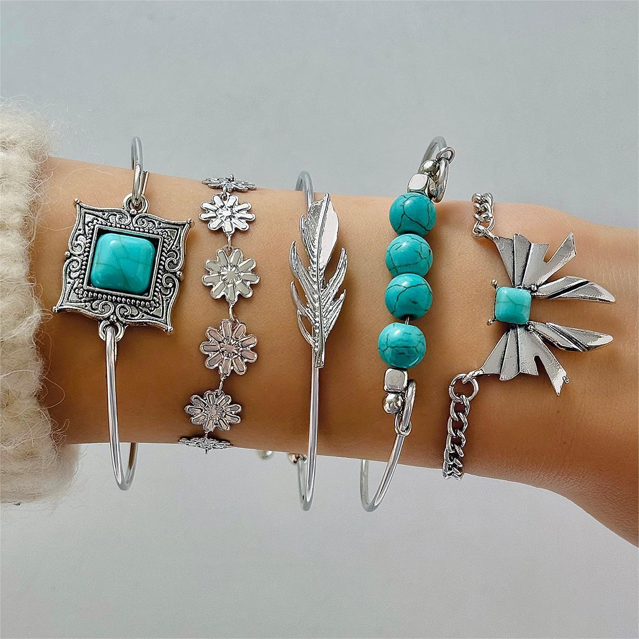 Womens Bracelet Set Electroplated Alloy Fashion Jewelry Collection Turquoise Leaf And Bow Geometric Design Hand Jewelry