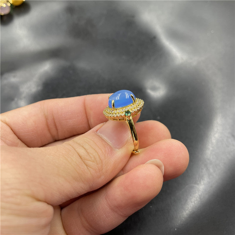 Geometric Inlaid Blue Chalcedony Agate Ring Handmade Polished Fashion Jewelry For Women Elegant Durable Timeless Gift