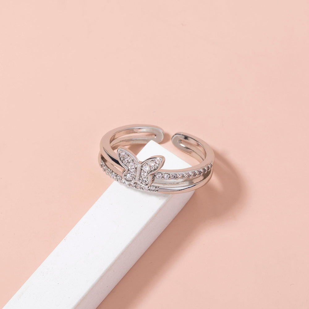 Women Adjustable Butterfly Ring With Zircon Inlay Copper Electroplated European Style Jewelry Elegant Crystal