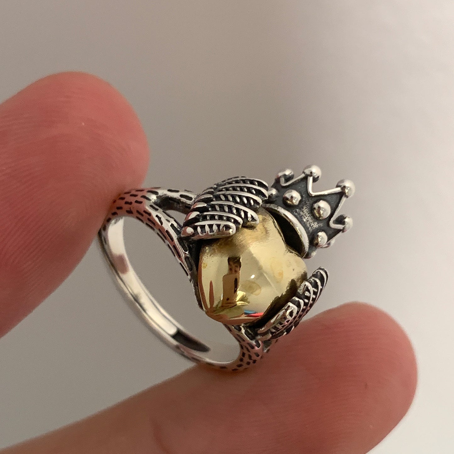 Womens Adjustable Silver Plated Ring Crown Wings Feathery Retro Geometrical Design Intricate Gold Accents Open