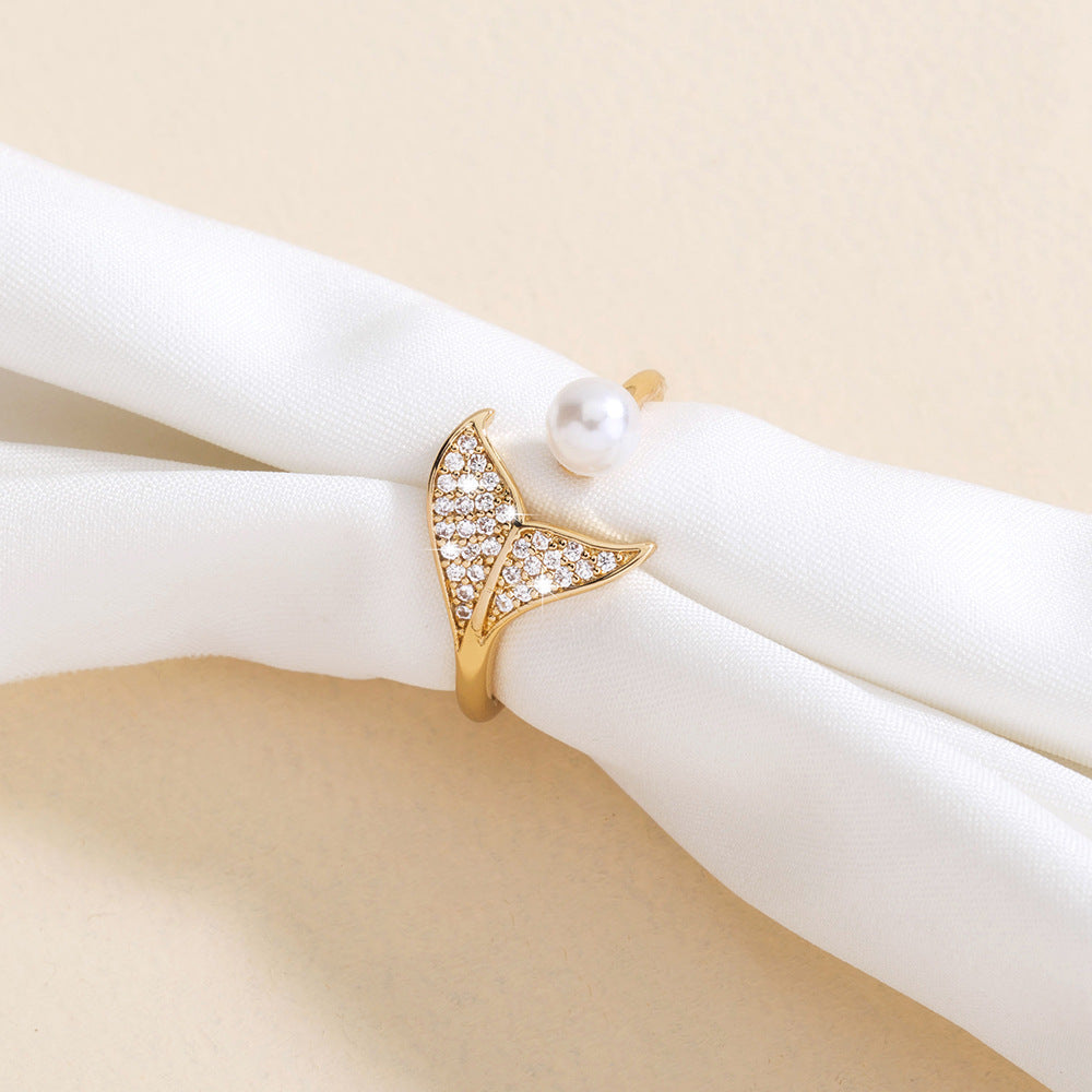 Womens Micro Inlaid Mermaid Tail Ring Copper Electroplated Animal Design Fashion Jewelry Gift For Her Hand Made