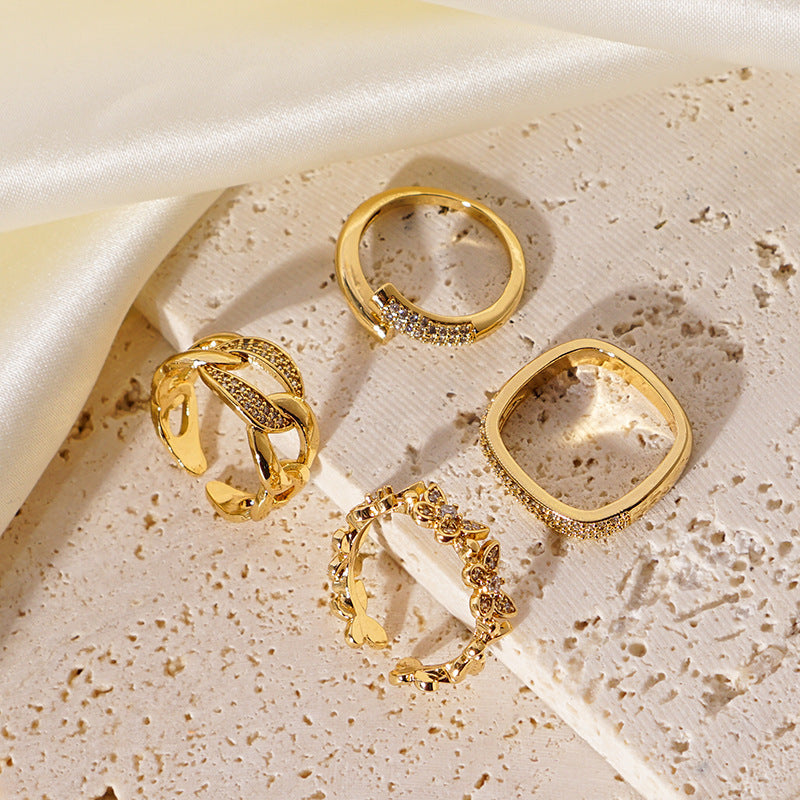 Womens Adjustable Copper Ring Wide Band Butterfly Design Gold Plated Inlaid Gemstones Korean Inspired Style Gem