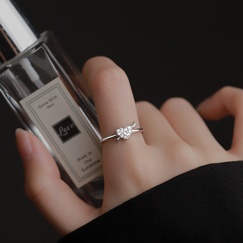 Womens Adjustable Open Ring With Love Heart Inlaid Zircon Gemstone Korean Design Anniversary Gift To Her White