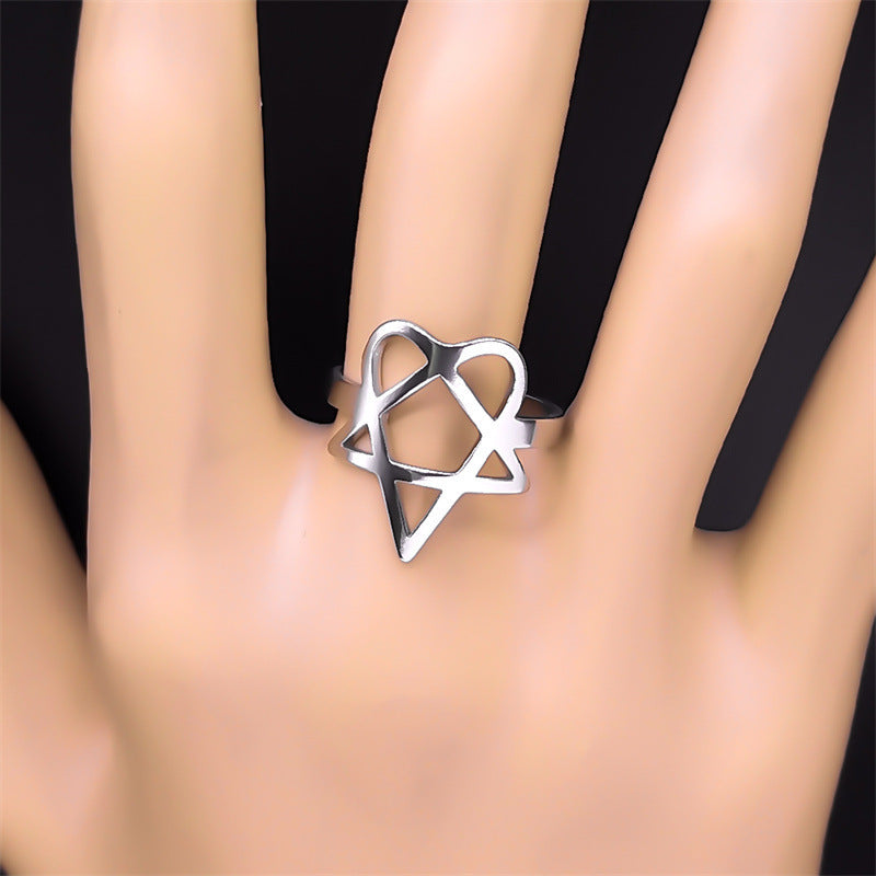 Unisex Stainless Steel Ring with Hollow Pentagram Geometric Design for Fashion Ornament and Style Satin Finish