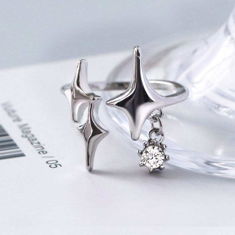 Adjustable Four Pointed Star Geometric Alloy Ring With Artificial Gemstones For Women Elegant Jewelry For Women