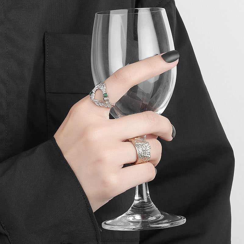 Womens Adjustable Fashion Ring Irregular Texture Copper Band With Zircon Inlay Geometric Hollow Design Electroplated