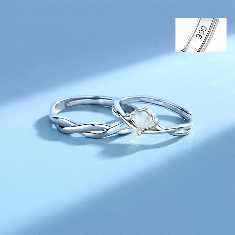 Silver Korean Geometric Couple Rings With Shellfish Design Electroplated Finish Fashion Jewelry For Trendy Jewelry Fans