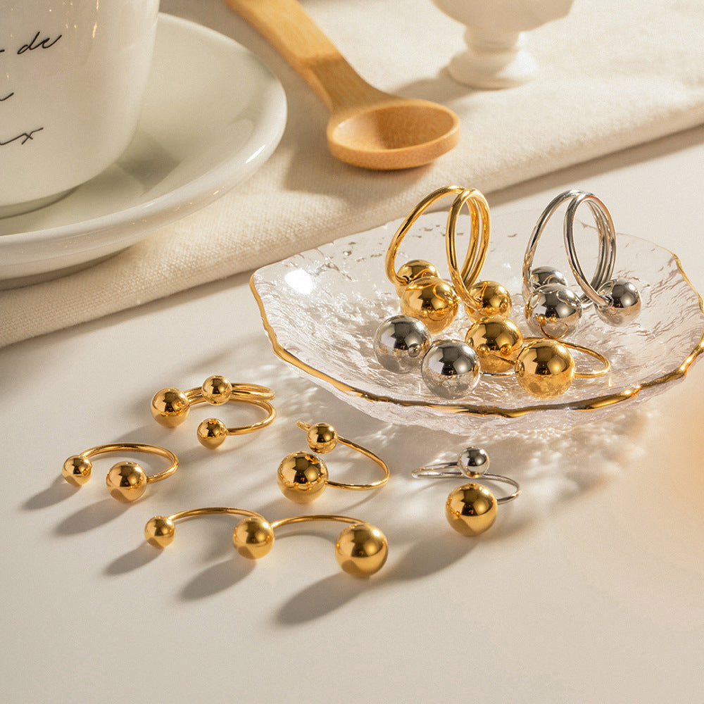 Women Spherical Ball Ring Stainless Steel Gold Tone Jewelry